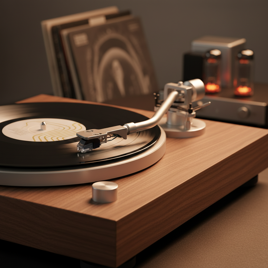 Premium belt-drive turntable, warm wood plinth, vinyl record spinning, soft warm studio lighting