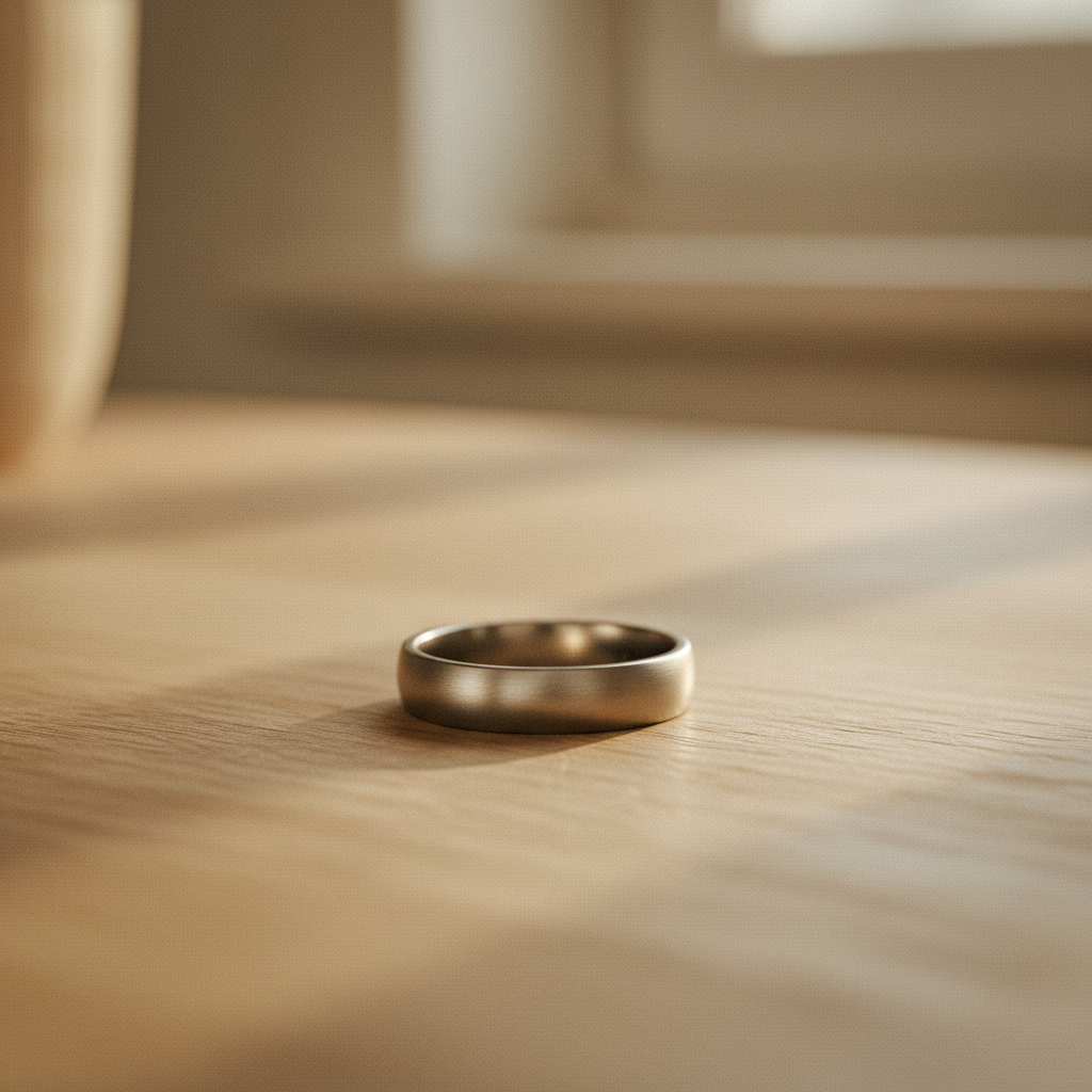 Oura Ring in titanium finish on a wooden surface, minimal and clean, warm soft lighting